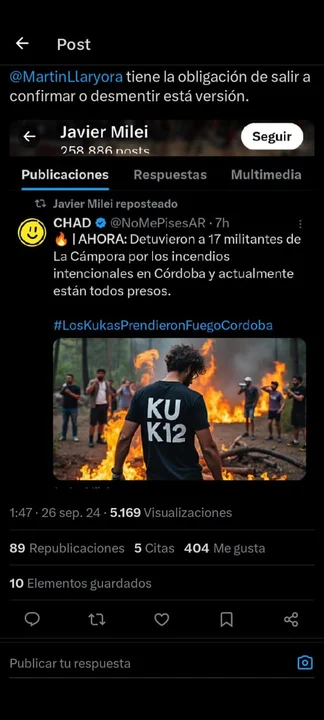 Milei difundió una fake news: responsabilizó a La Cámpora por los incendios en Córdoba